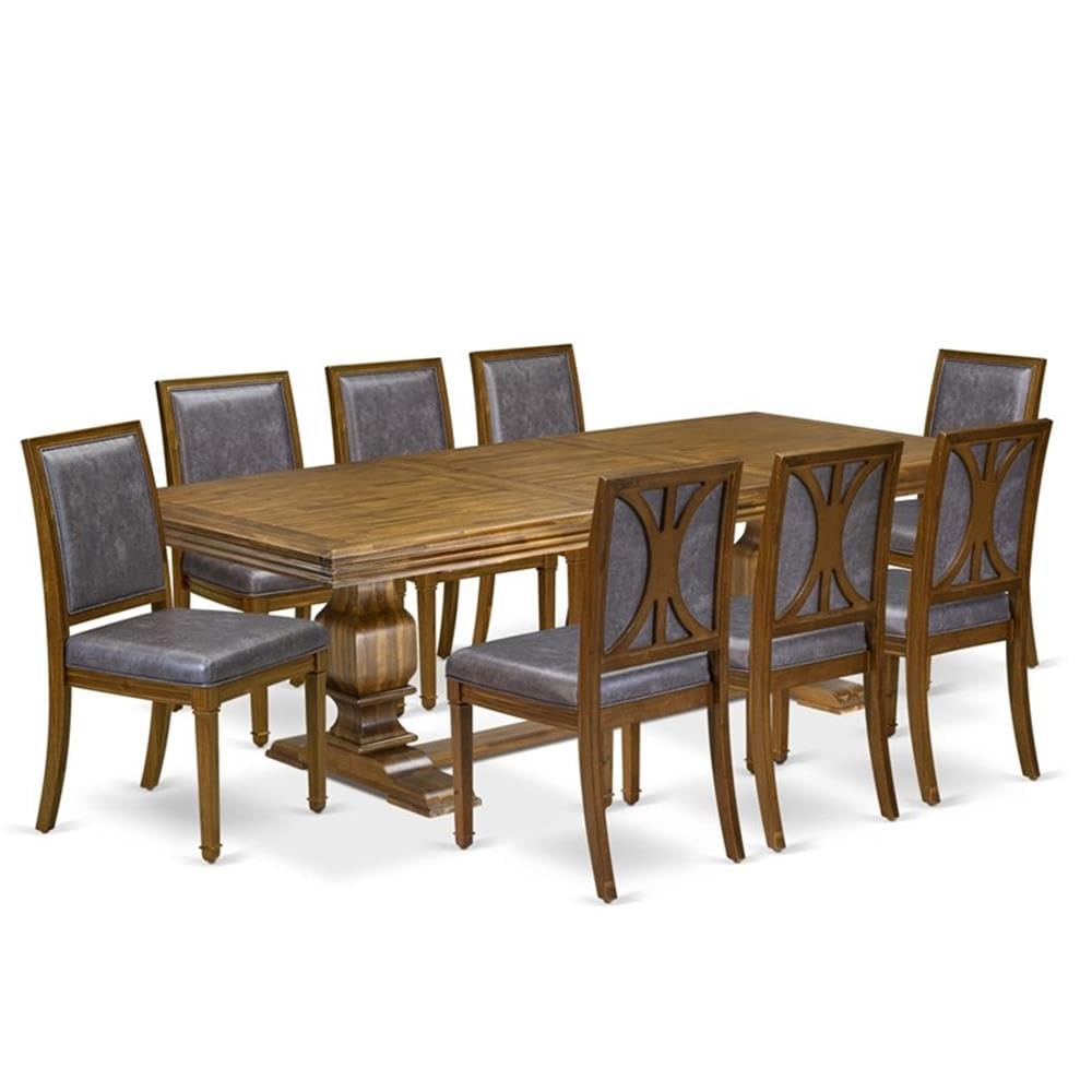9-Piece Acacia Wood Dining Table Set with 8 Dark Grey PU Leather Chairs Z904