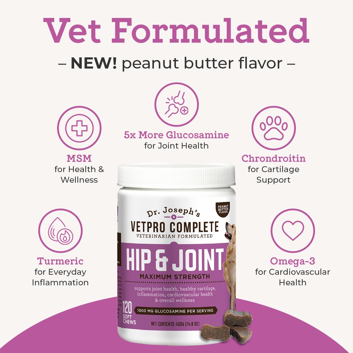 Glucosamine & Chondroitin Dog Joint Supplement Chews, Peanut Butter, 120 Ct T78840