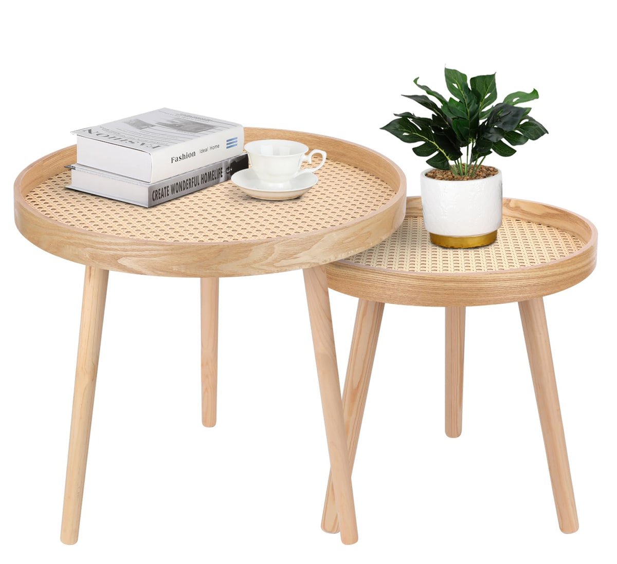 Round Coffee Table Set of 2 Natural Rattan I563