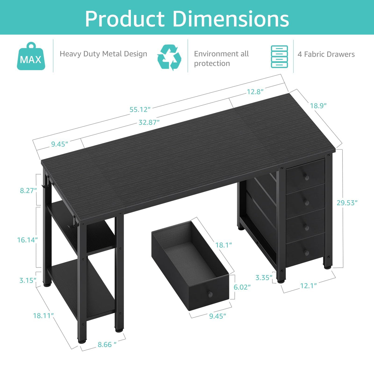 Black 55 inch Gaming Desk with 4 Drawers and Shelves G80334