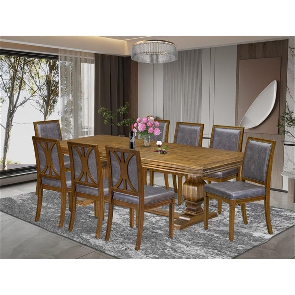 9-Piece Acacia Wood Dining Table Set with 8 Dark Grey PU Leather Chairs Z904