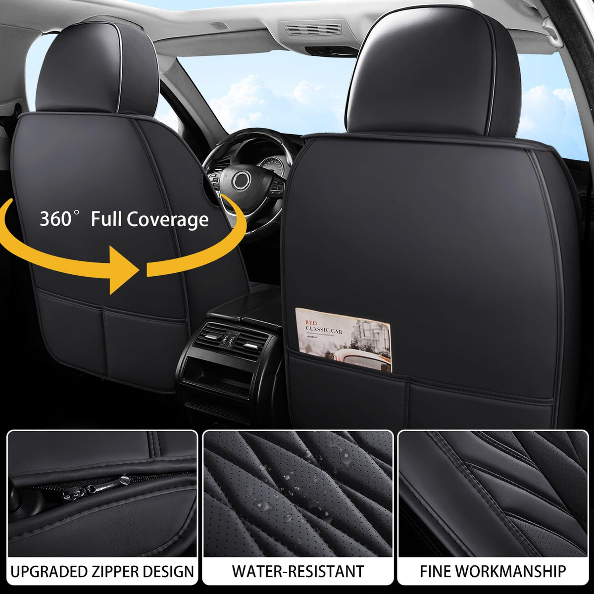 Black Faux Leather Car Seat Cover Full Set Q62845