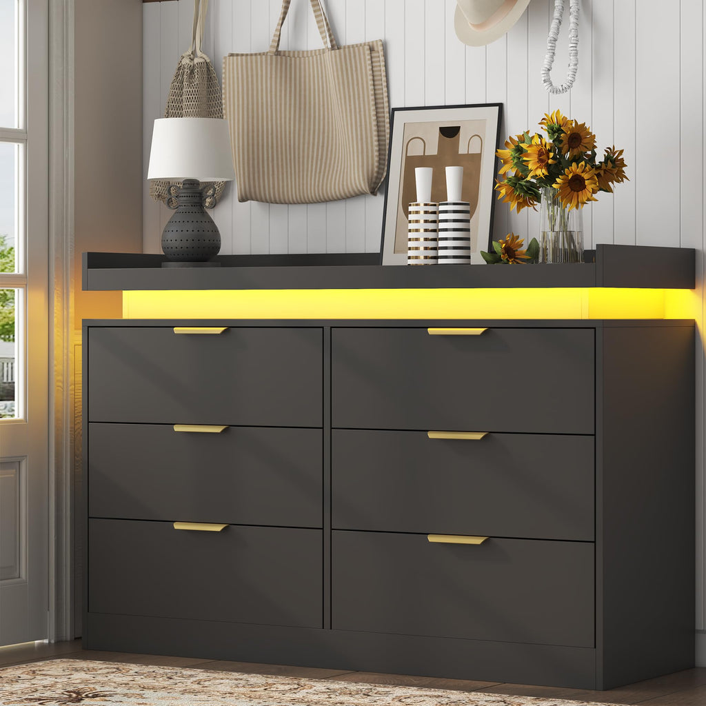 Black 6 Drawer Wood Dresser with LED Lights and Power Outlet K7588