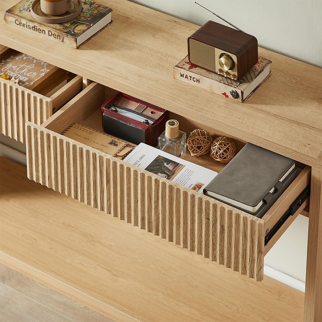 59" Oak Console Table with 2 Drawers and Open Shelf P227