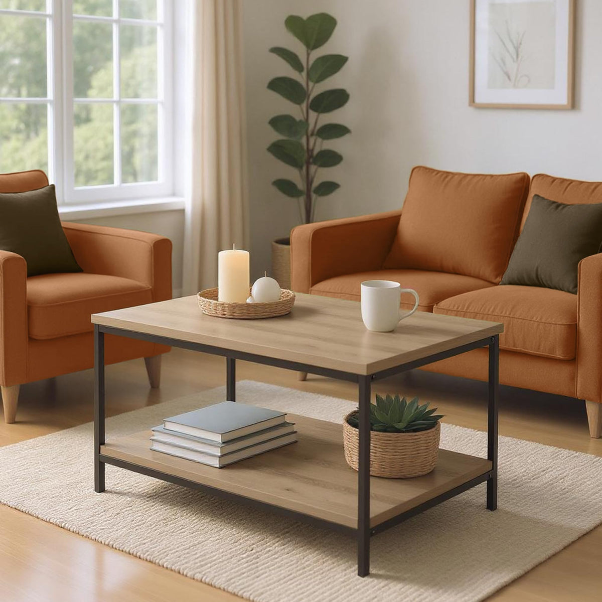 Rectangular Wooden Coffee Table with Bottom Shelf W3949