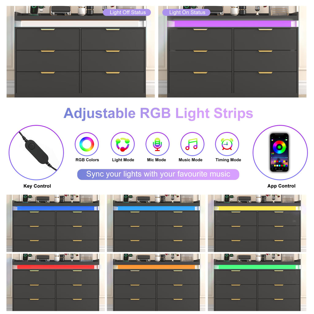 Black 6 Drawer Wood Dresser with LED Lights and Power Outlet K7588