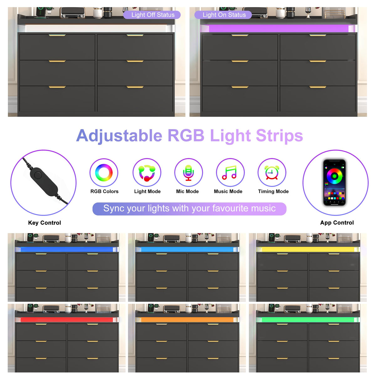 Black 6 Drawer Wood Dresser with LED Lights and Power Outlet K7588