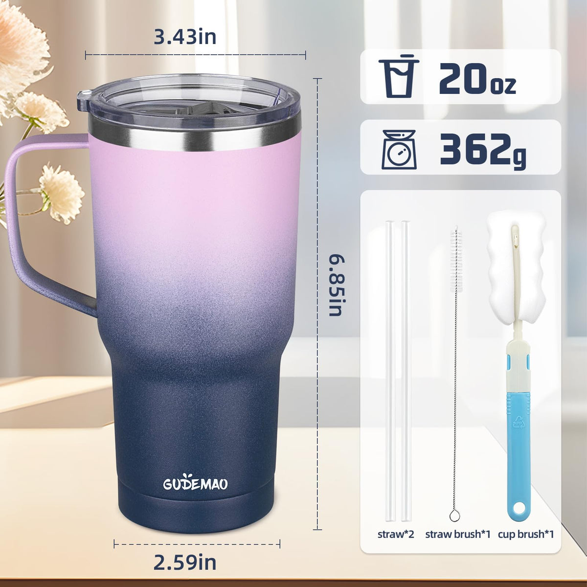 20 oz Insulated Stainless Steel Travel Mug with Handle Lid and Straw N7106