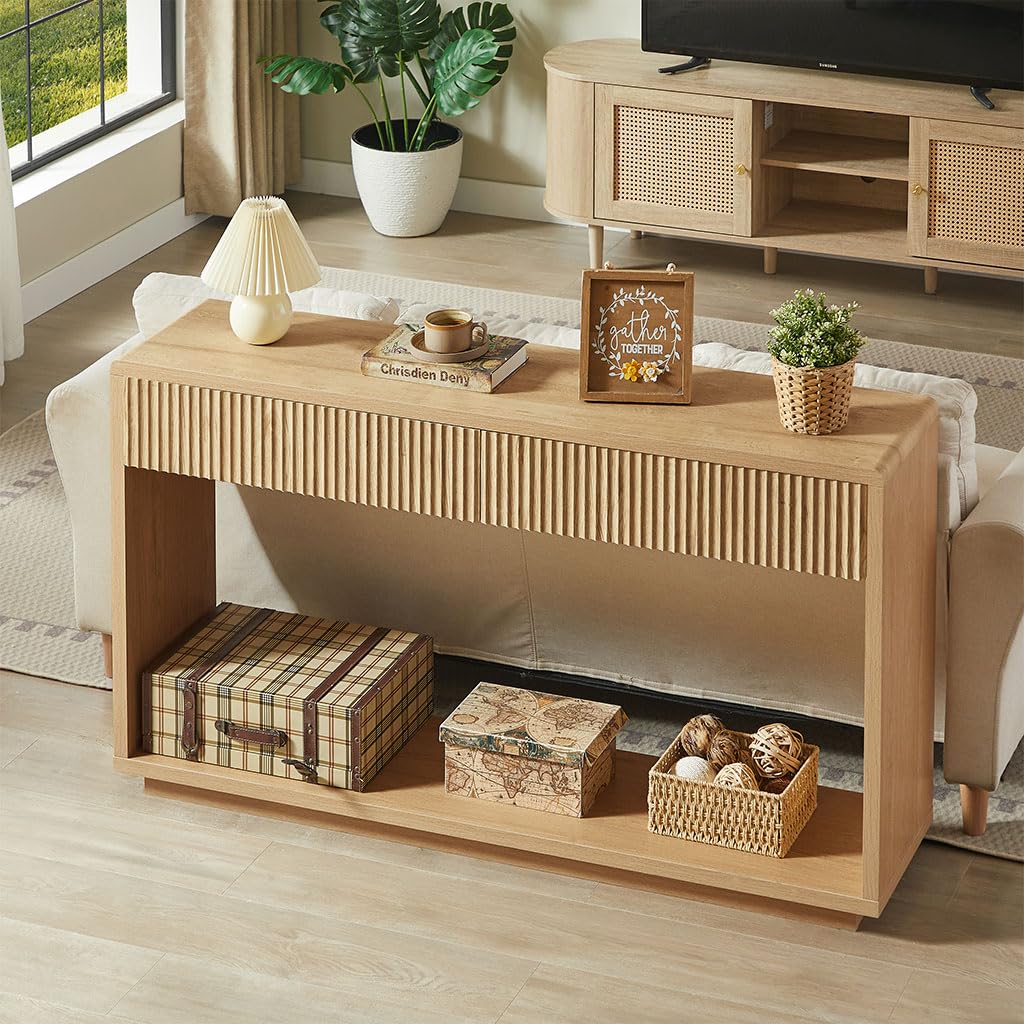 59" Oak Console Table with 2 Drawers and Open Shelf P227