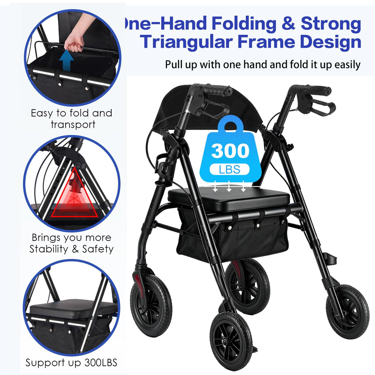 Lightweight Folding Rollator Walker with Seat, 10" All-Terrain Wheels, Black S4991
