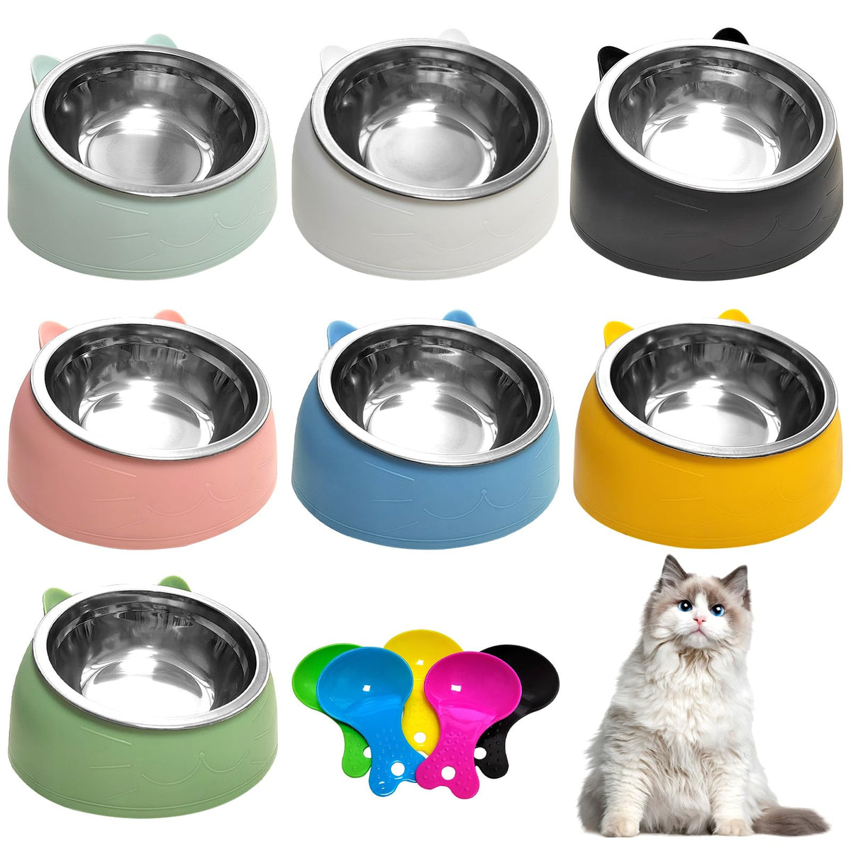 7 Pcs Stainless Steel Raised Cat Food Bowl T465096