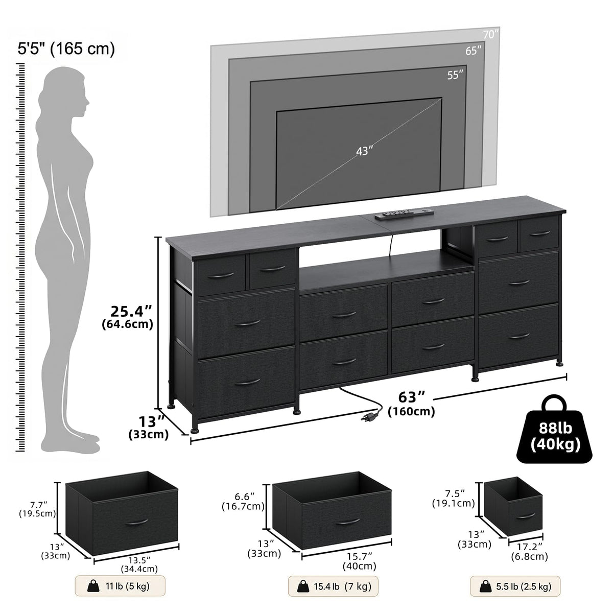 63 Inch 12 Drawer Black Dresser Q12137