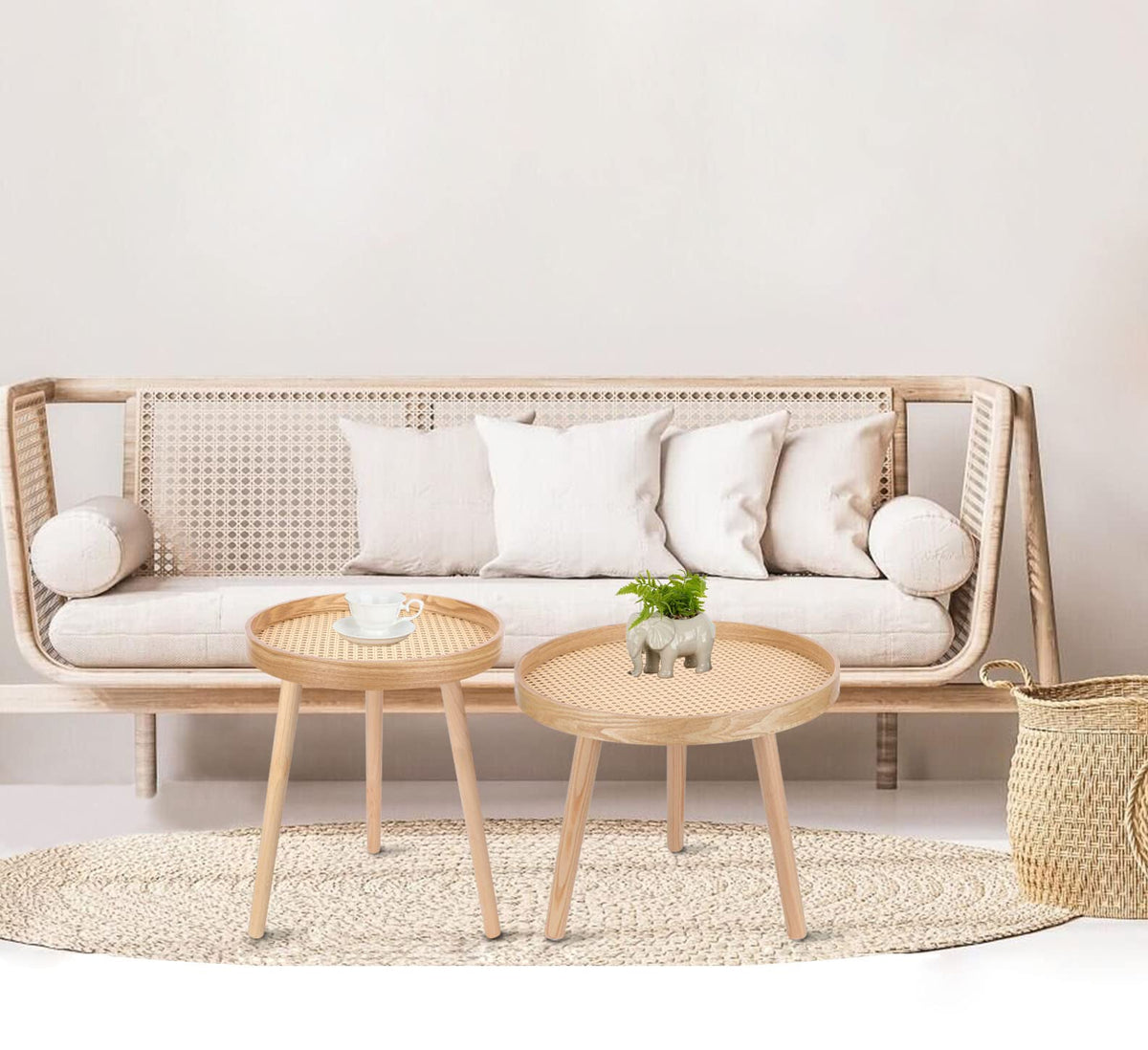 Round Coffee Table Set of 2 Natural Rattan I563