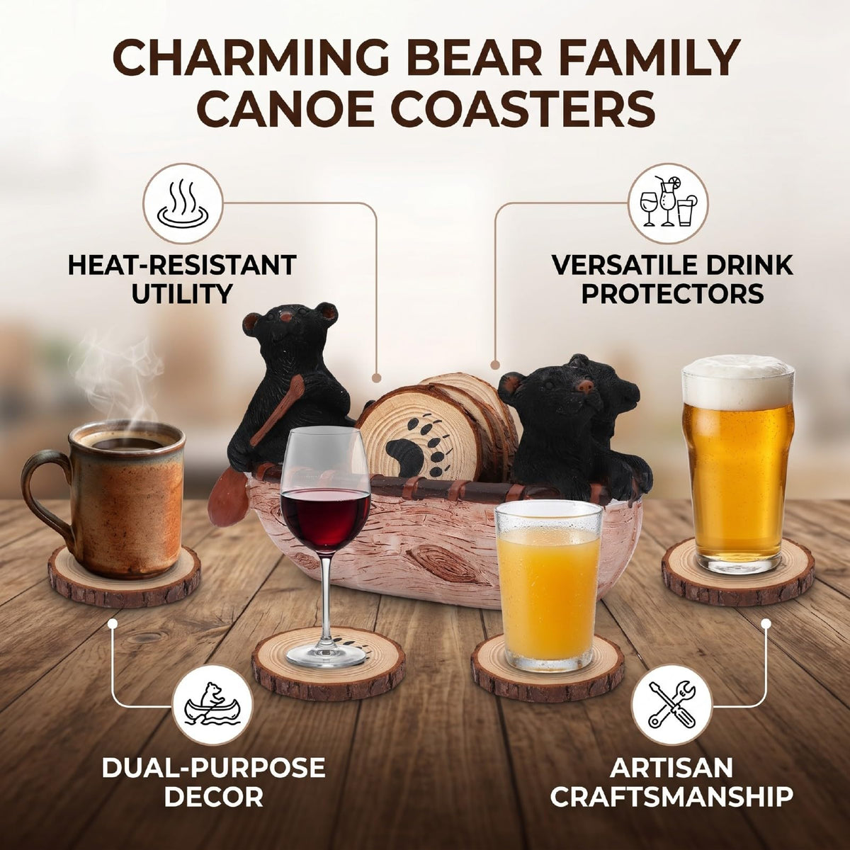 Black Bear Coaster Set with Canoe Holder C843