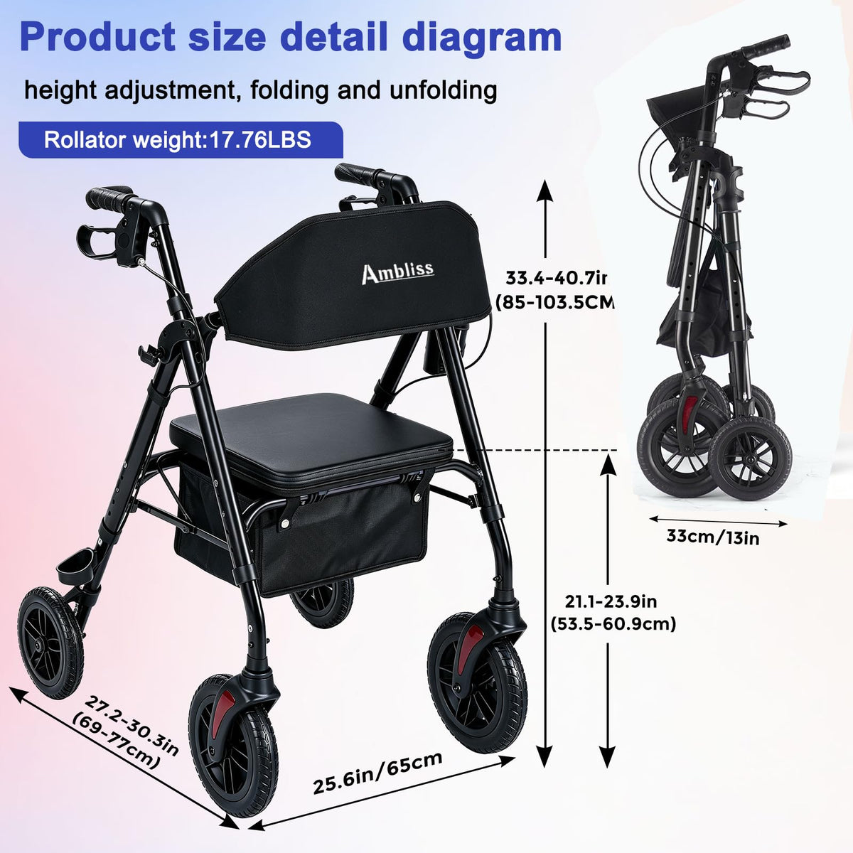 Lightweight Folding Rollator Walker with Seat, 10" All-Terrain Wheels, Black S4991
