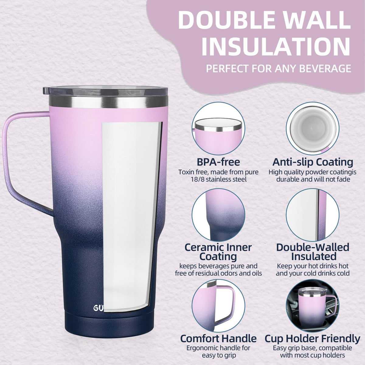 20 oz Insulated Stainless Steel Travel Mug with Handle Lid and Straw N7106