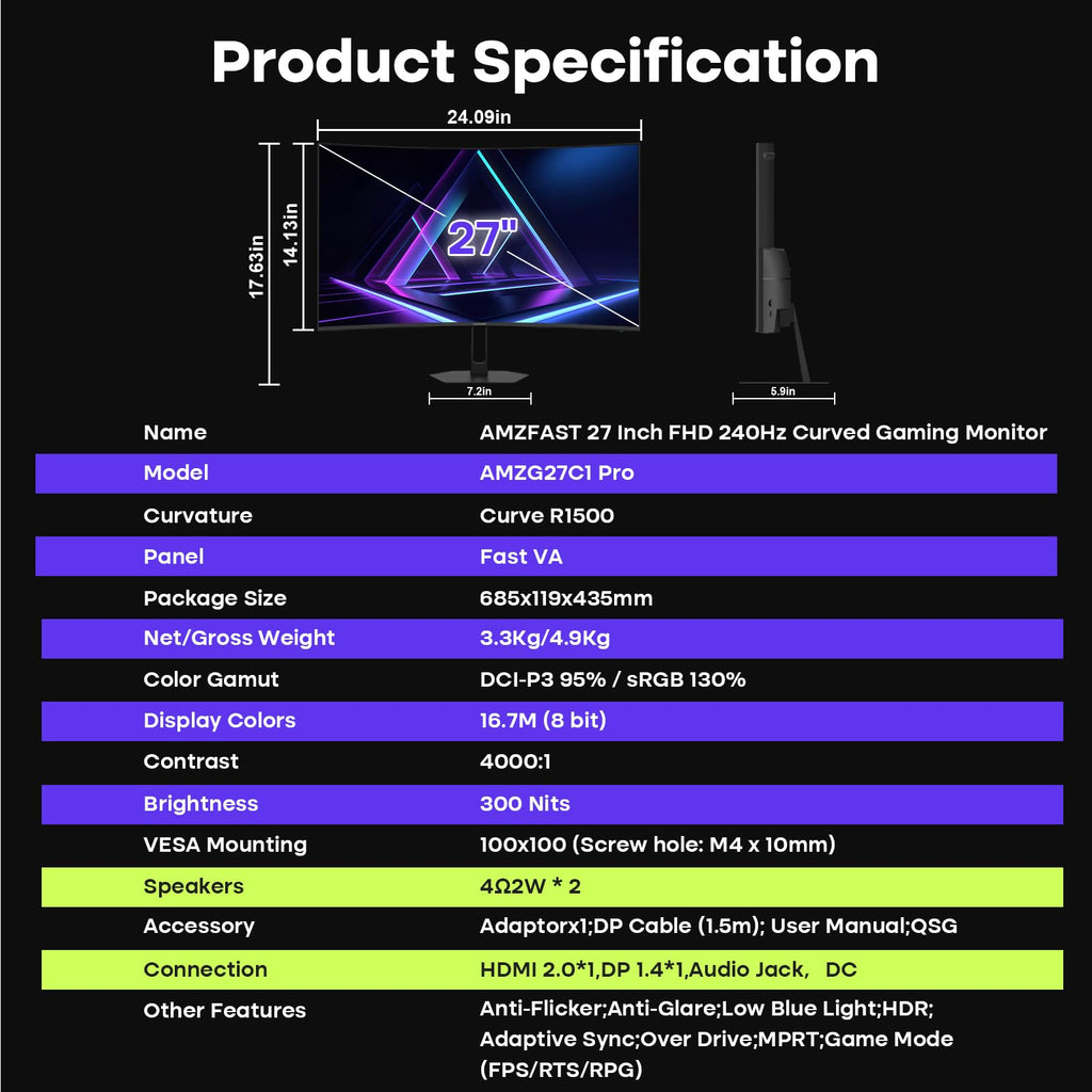 27 inch 240Hz Curved FHD 1080p Gaming Monitor D803