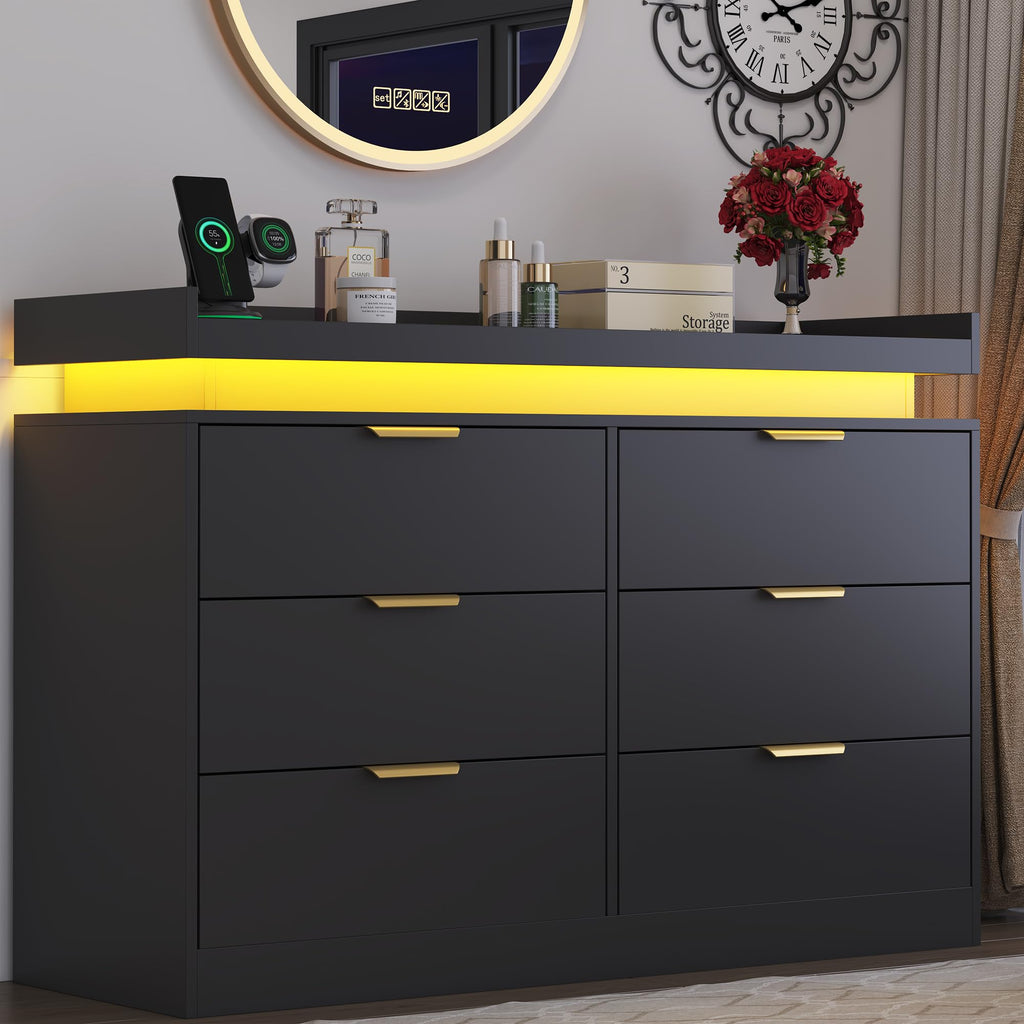 Black 6 Drawer Wood Dresser with LED Lights and Power Outlet K7588