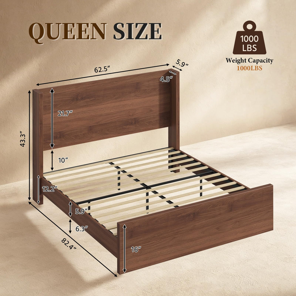 Full Size Wood Platform Bed with Headboard and Footboard D73718