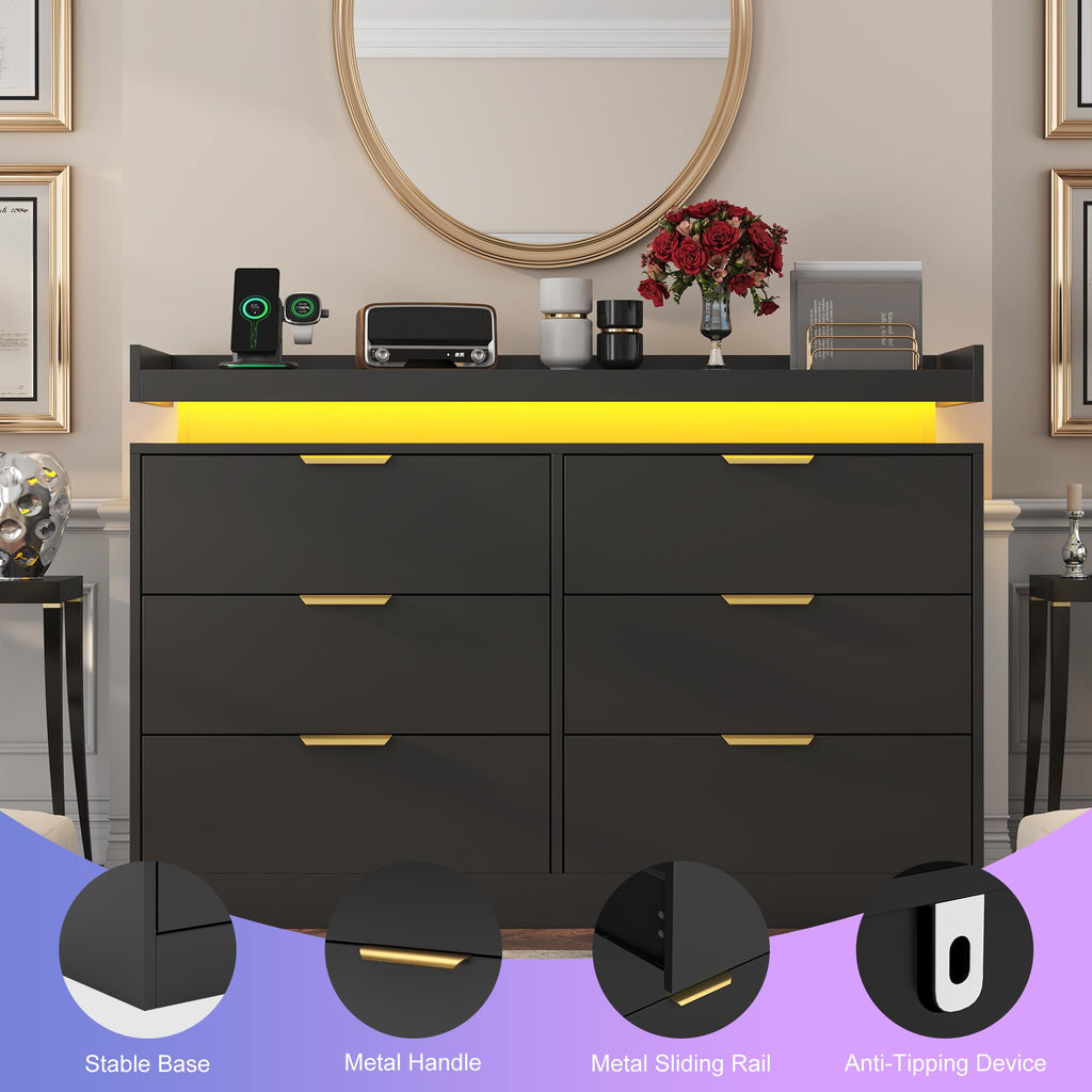 Black 6 Drawer Wood Dresser with LED Lights and Power Outlet K7588
