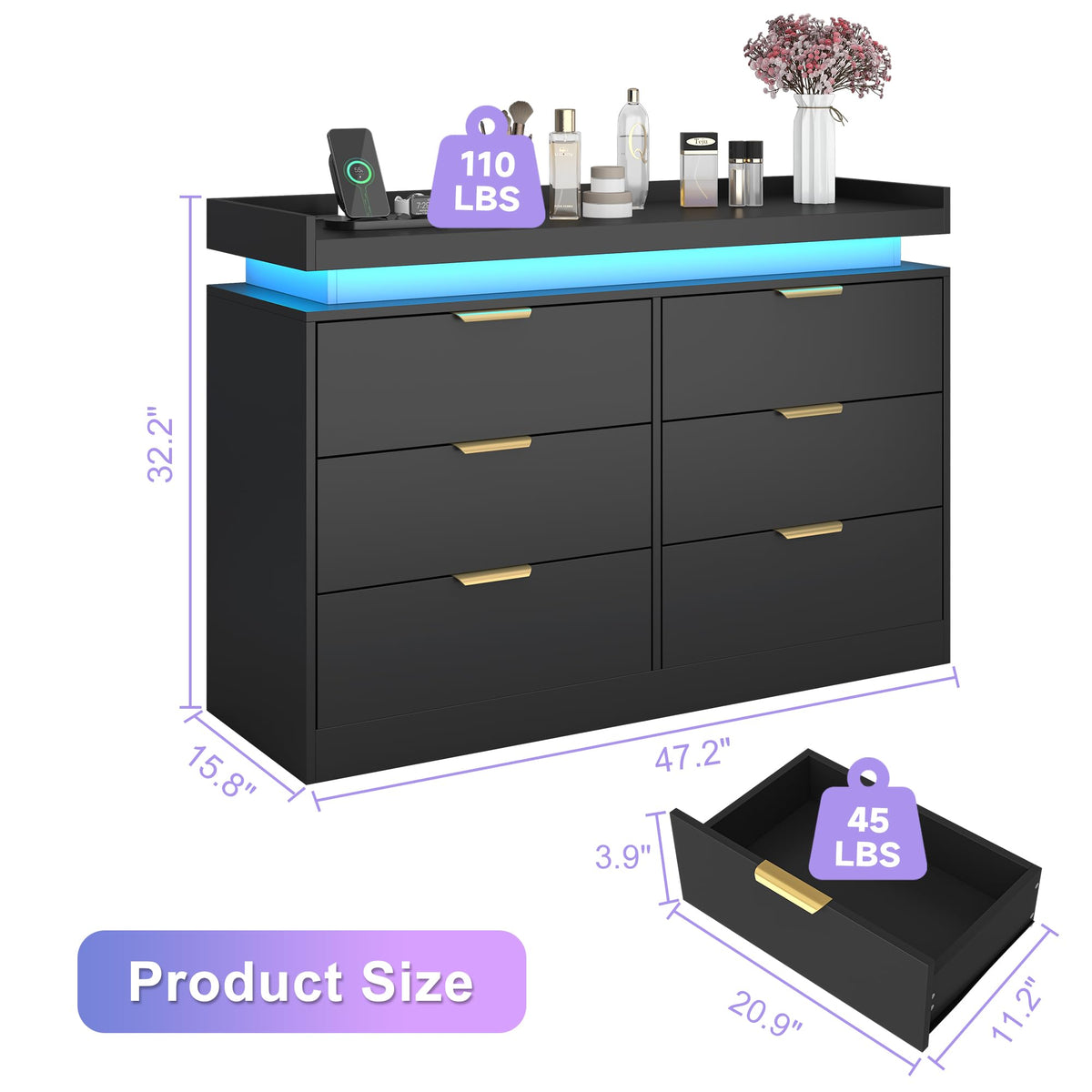 Black 6 Drawer Wood Dresser with LED Lights and Power Outlet K7588