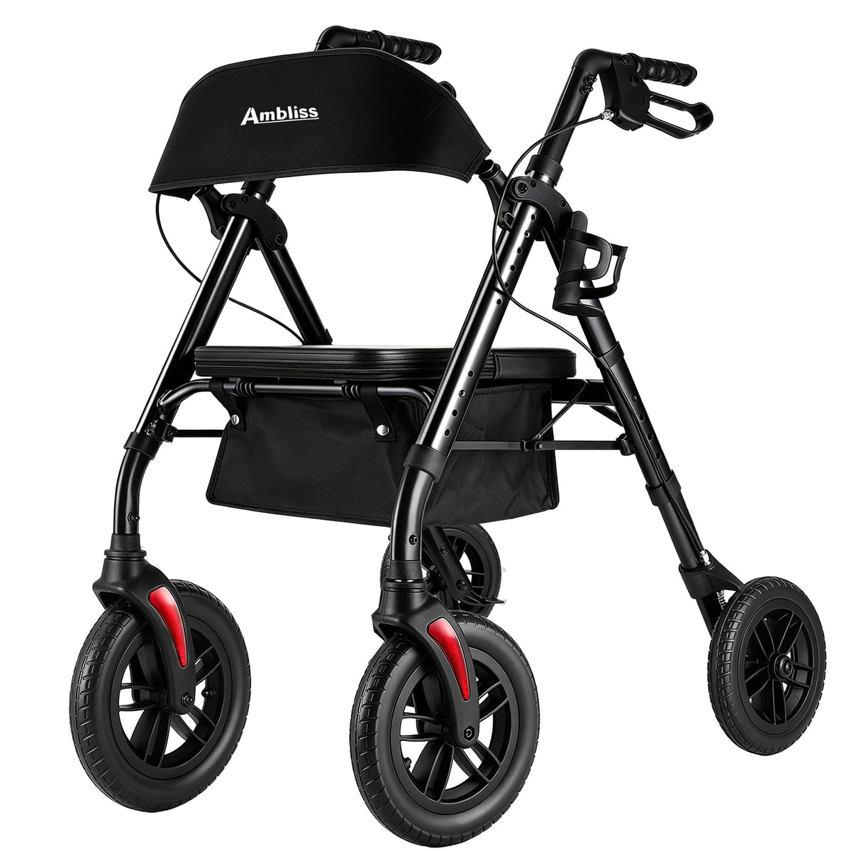 Lightweight Folding Rollator Walker with Seat, 10" All-Terrain Wheels, Black S4991