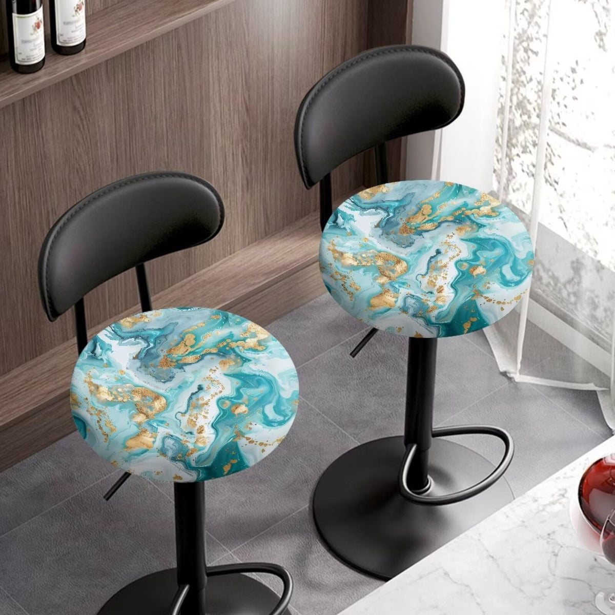 Teal Gold Marble 2 Pack Round Bar Stool Seat Cover Y58781