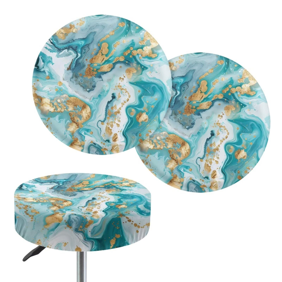 Teal Gold Marble 2 Pack Round Bar Stool Seat Cover Y58781