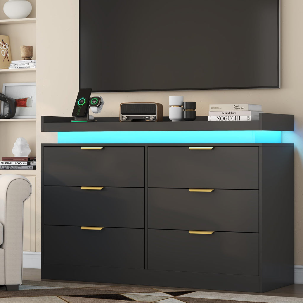 Black 6 Drawer Wood Dresser with LED Lights and Power Outlet K7588