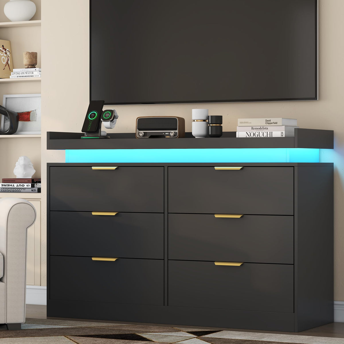 Black 6 Drawer Wood Dresser with LED Lights and Power Outlet K7588