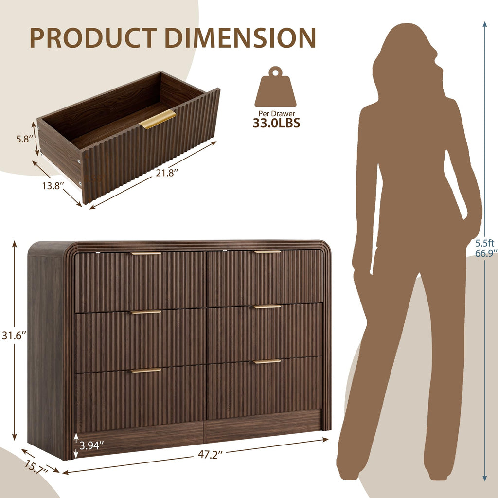 47" Walnut Fluted 6-Drawer Dresser T4429