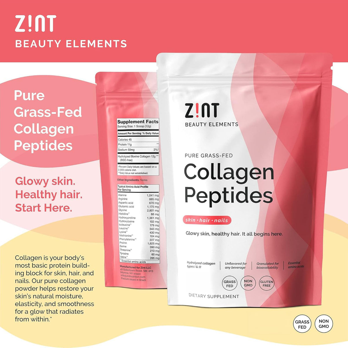 Collagen Peptides Powder 32 oz Grass-Fed Hydrolyzed Type I & III Unflavored W87916