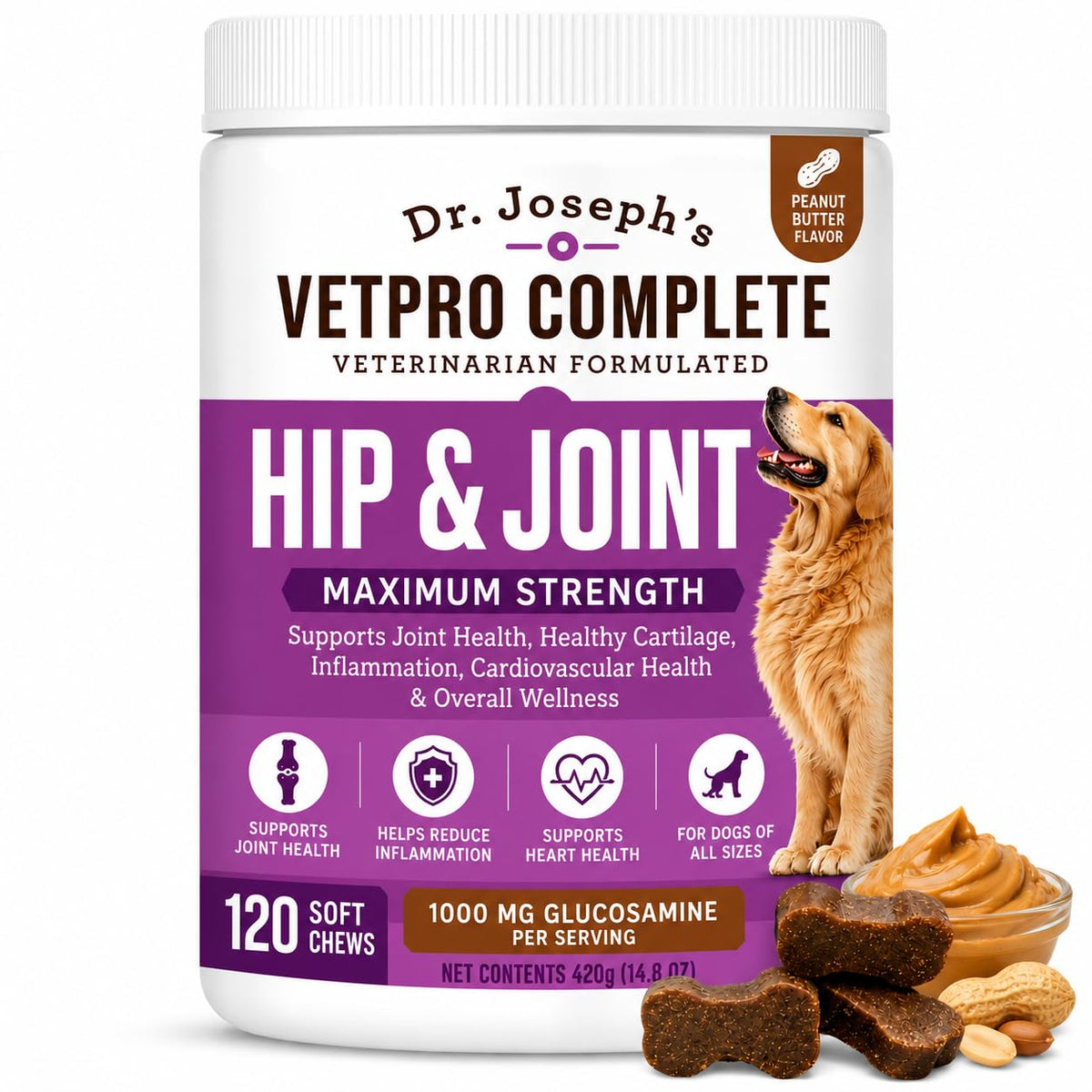 Glucosamine & Chondroitin Dog Joint Supplement Chews, Peanut Butter, 120 Ct T78840