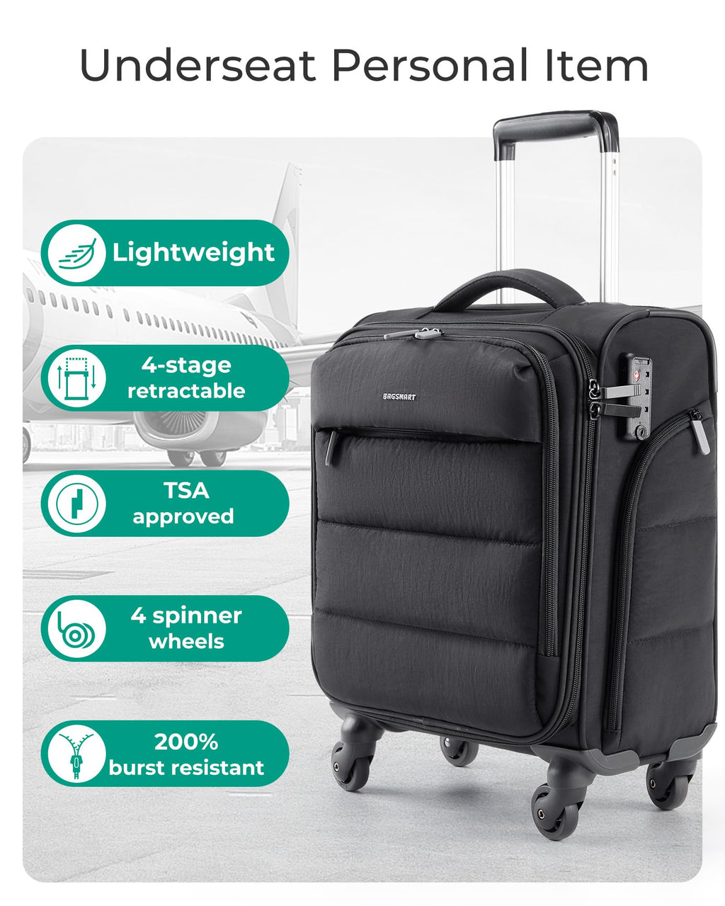 Black Softside Underseat Suitcase with Wheels V79827