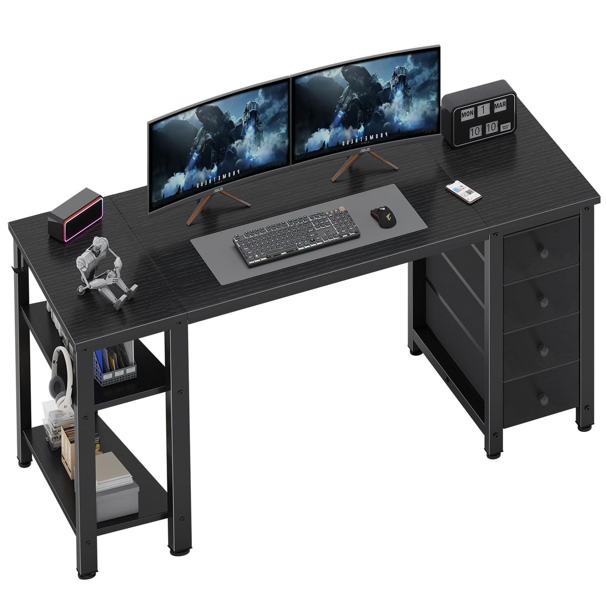 Black 55 inch Gaming Desk with 4 Drawers and Shelves G80334