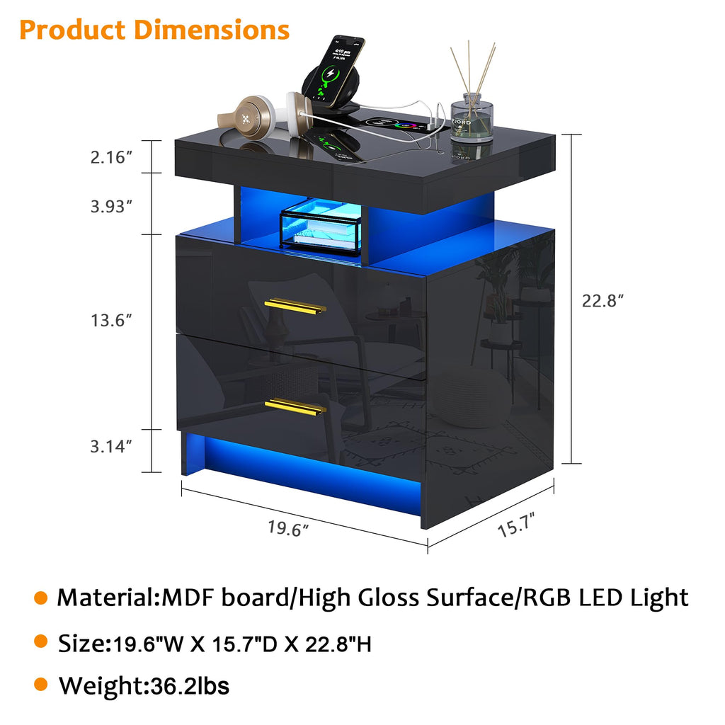 Black LED Nightstand with USB Type-C Charging A3688