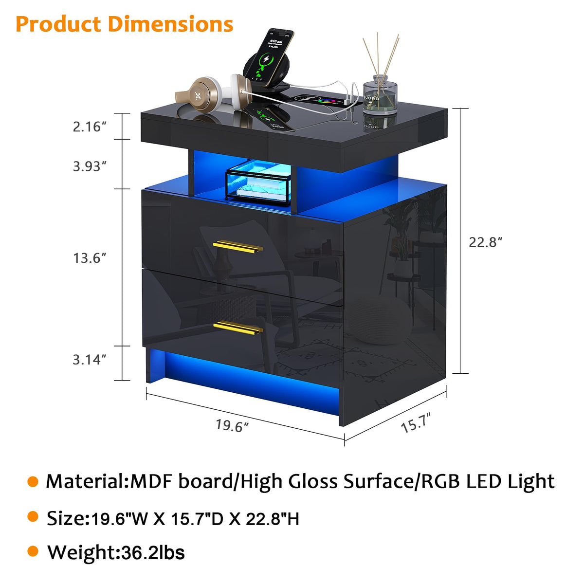 Black LED Nightstand with USB Type-C Charging A3688
