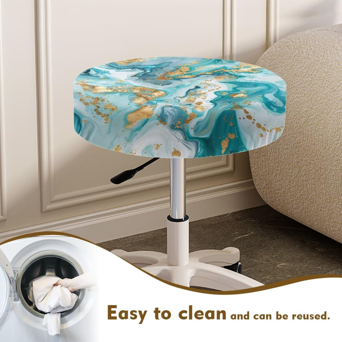 Teal Gold Marble 2 Pack Round Bar Stool Seat Cover Y58781