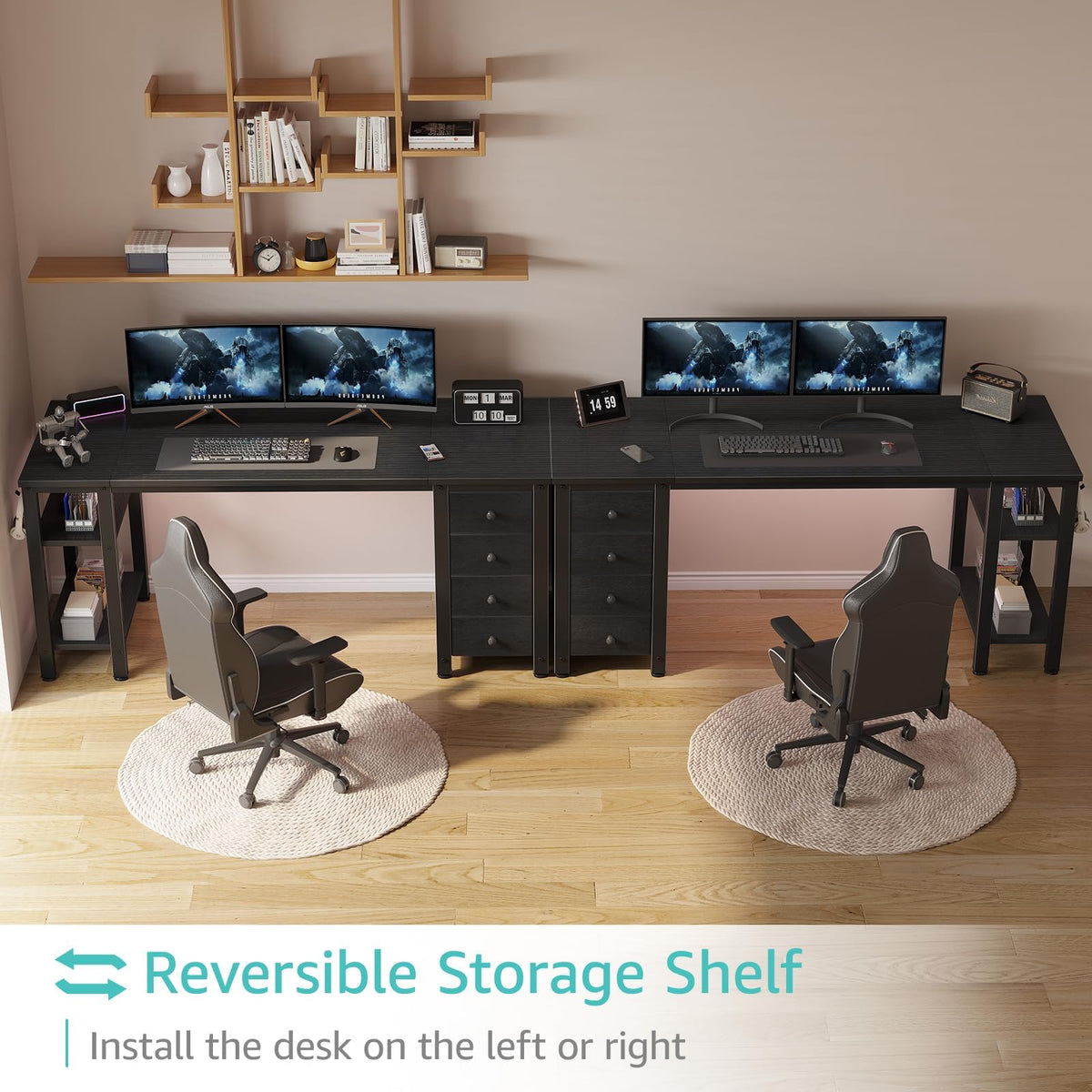 Black 55 inch Gaming Desk with 4 Drawers and Shelves G80334