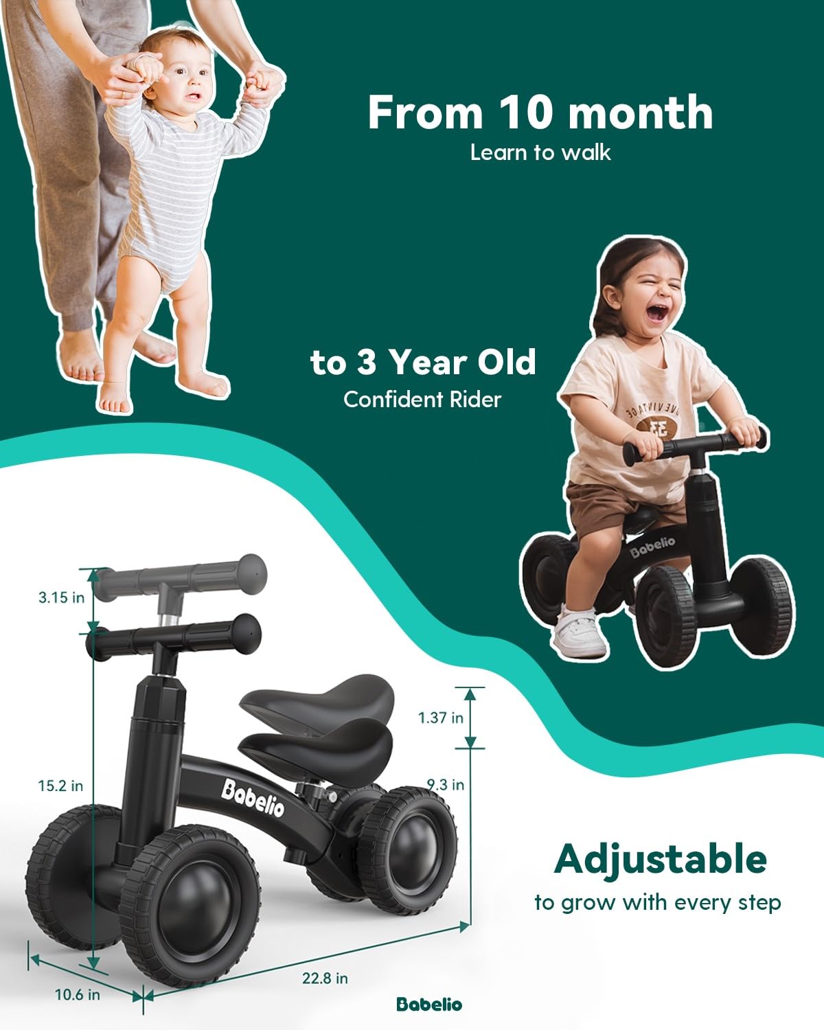 Green Adjustable 4 Wheels Baby Balance Bike Y17867