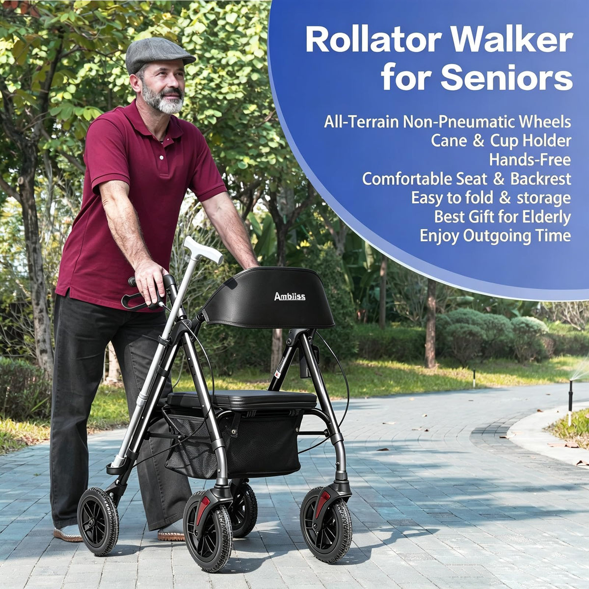 Lightweight Folding Rollator Walker with Seat, 10" All-Terrain Wheels, Black S4991