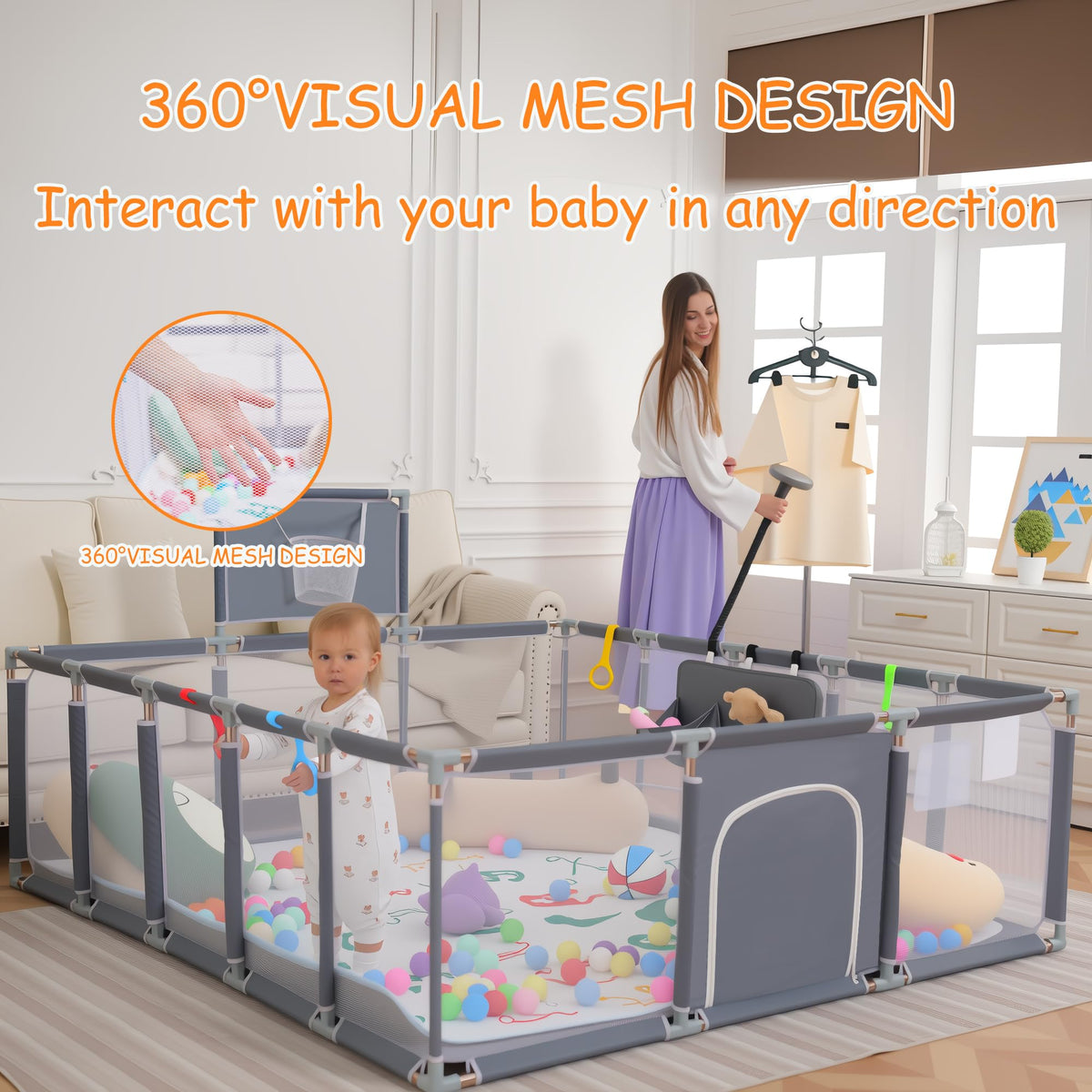 Baby Playpen with Mat, Ocean Balls, Hanging Pocket, Basketball Hoop K820