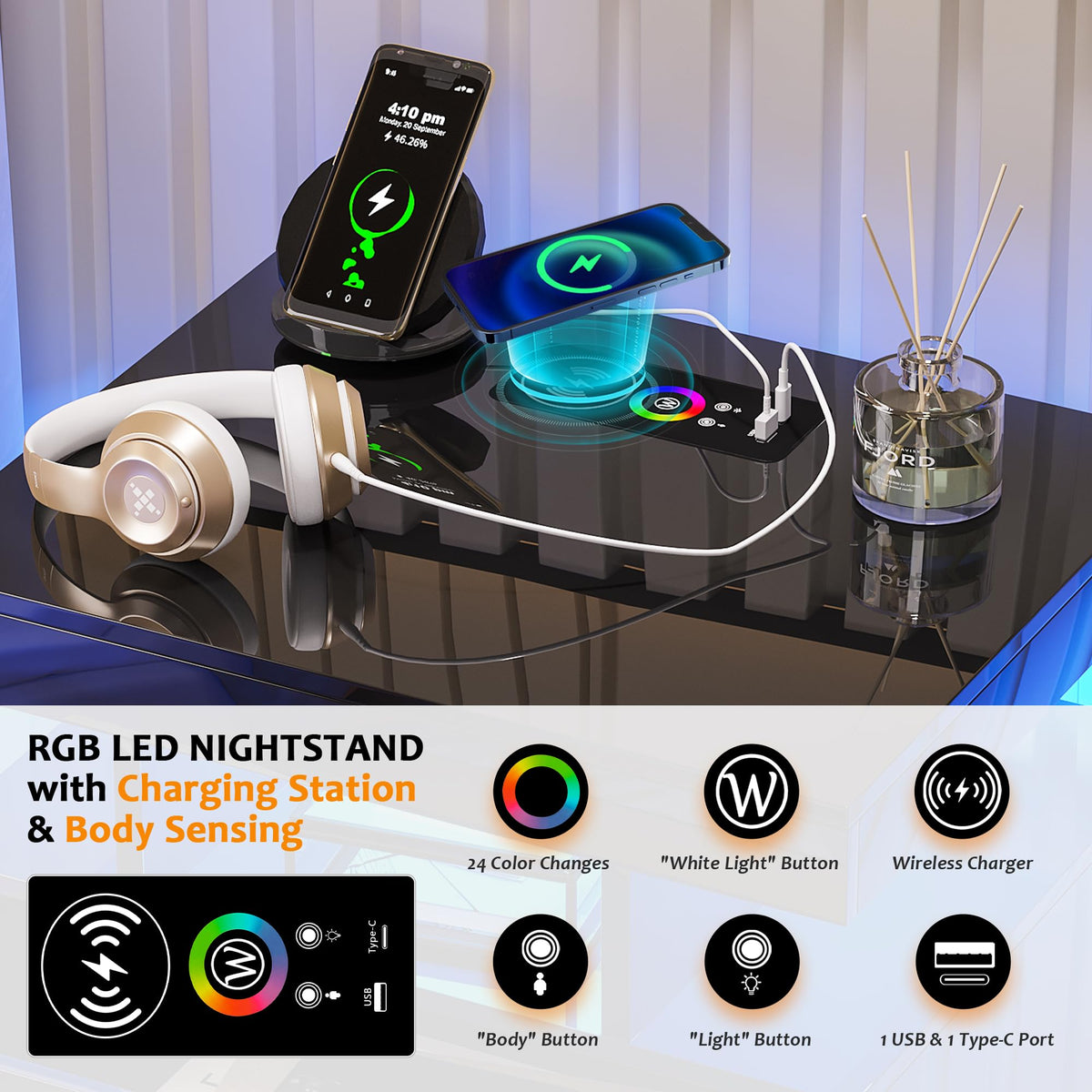 Black LED Nightstand with USB Type-C Charging A3688