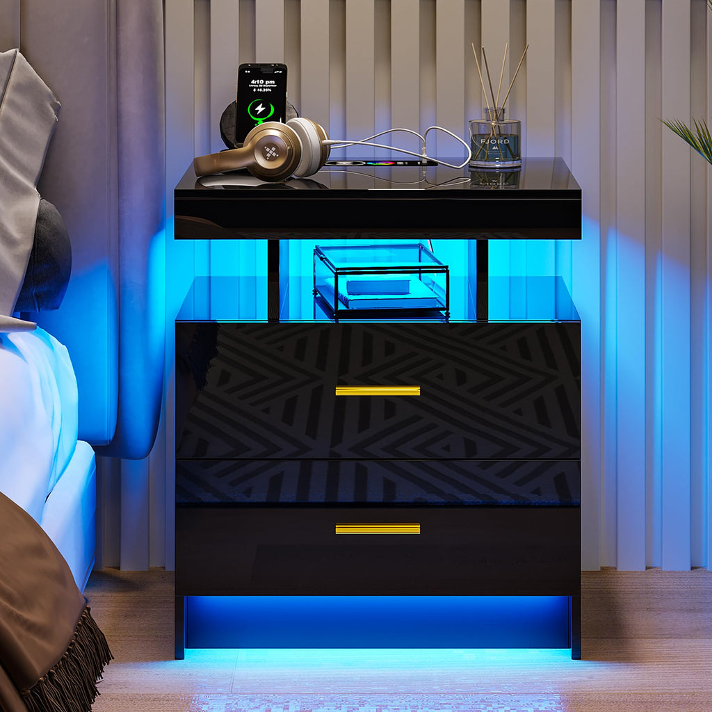 Black LED Nightstand with USB Type-C Charging A3688