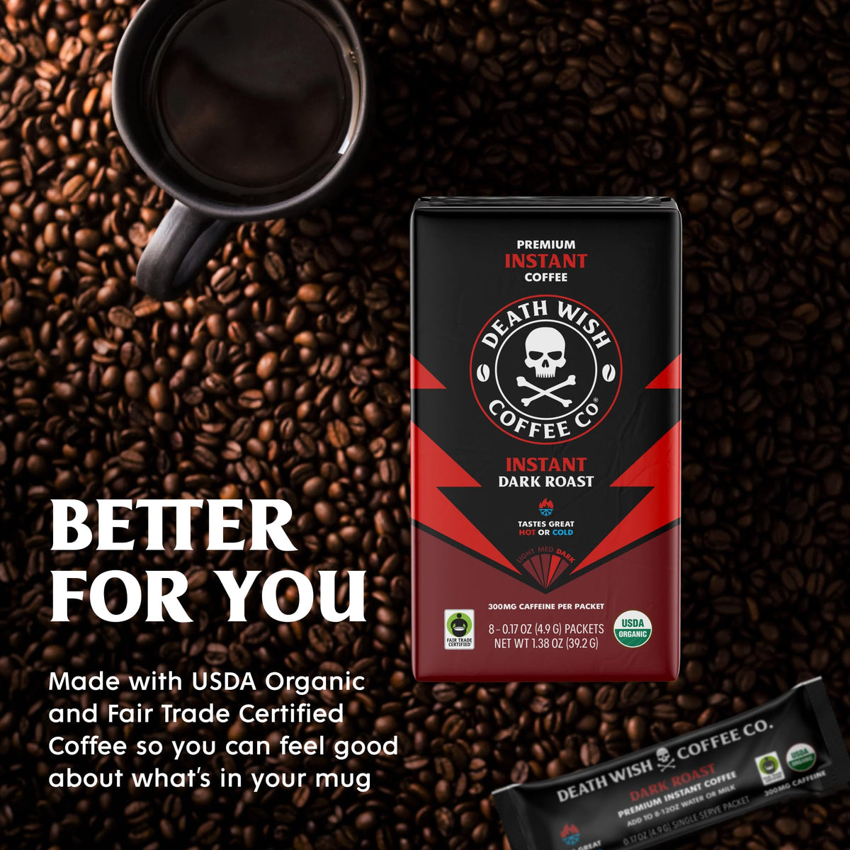 Instant Dark Roast Coffee Packets, 8 Count K89814