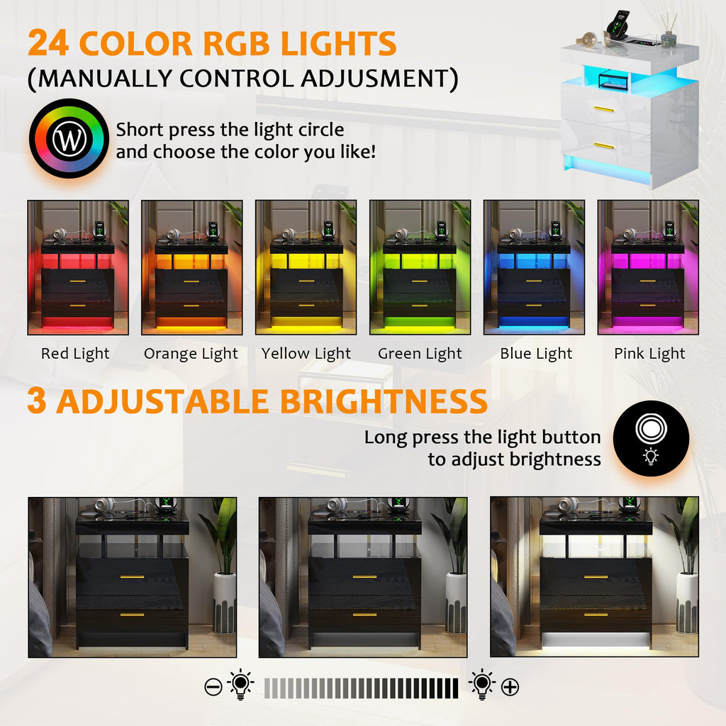 Black LED Nightstand with USB Type-C Charging A3688