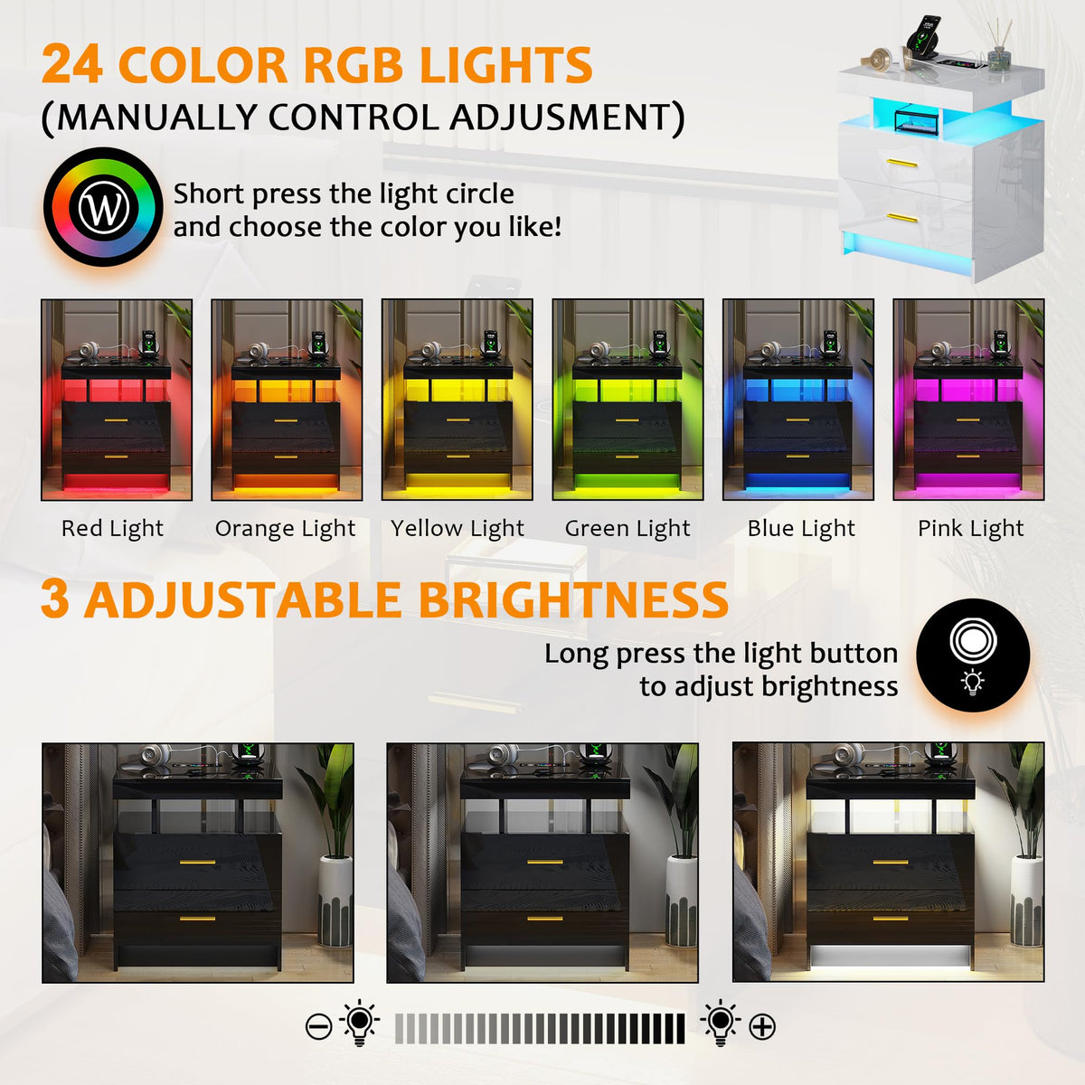 Black LED Nightstand with USB Type-C Charging A3688