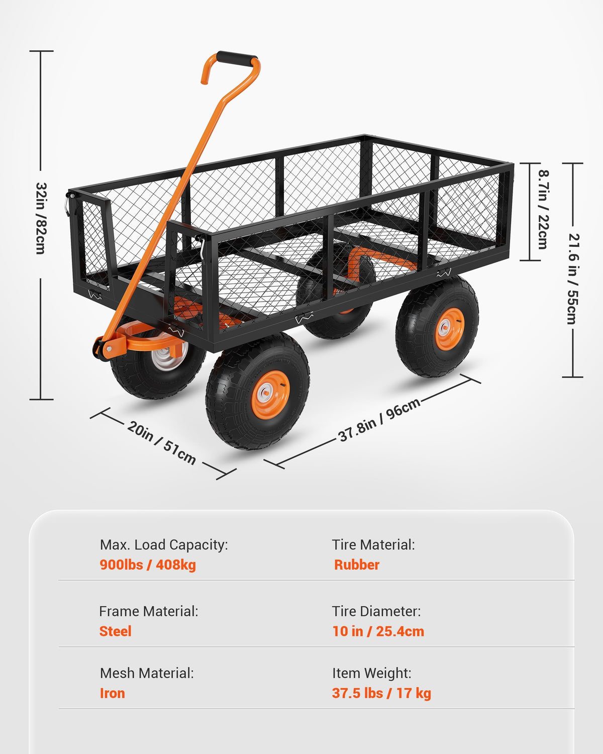 Heavy Duty Steel Garden Cart 900 LBS Capacity 3 in 1 Pullable Wagon with 10 in Wheels Z47256
