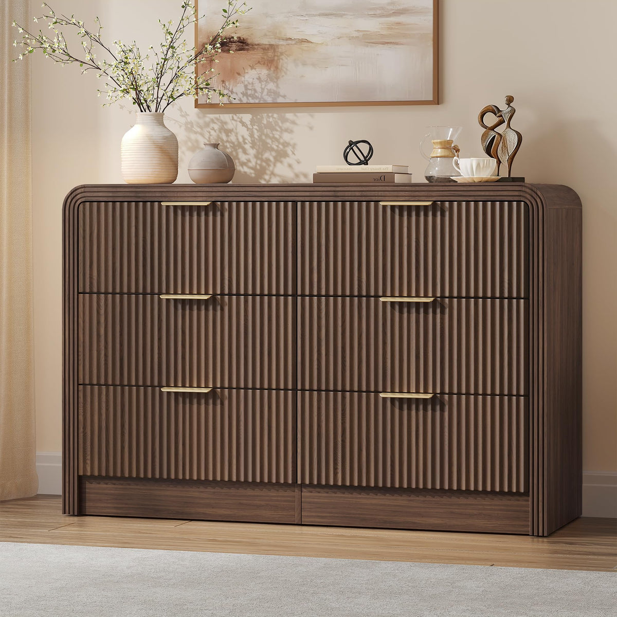47" Walnut Fluted 6-Drawer Dresser T4429