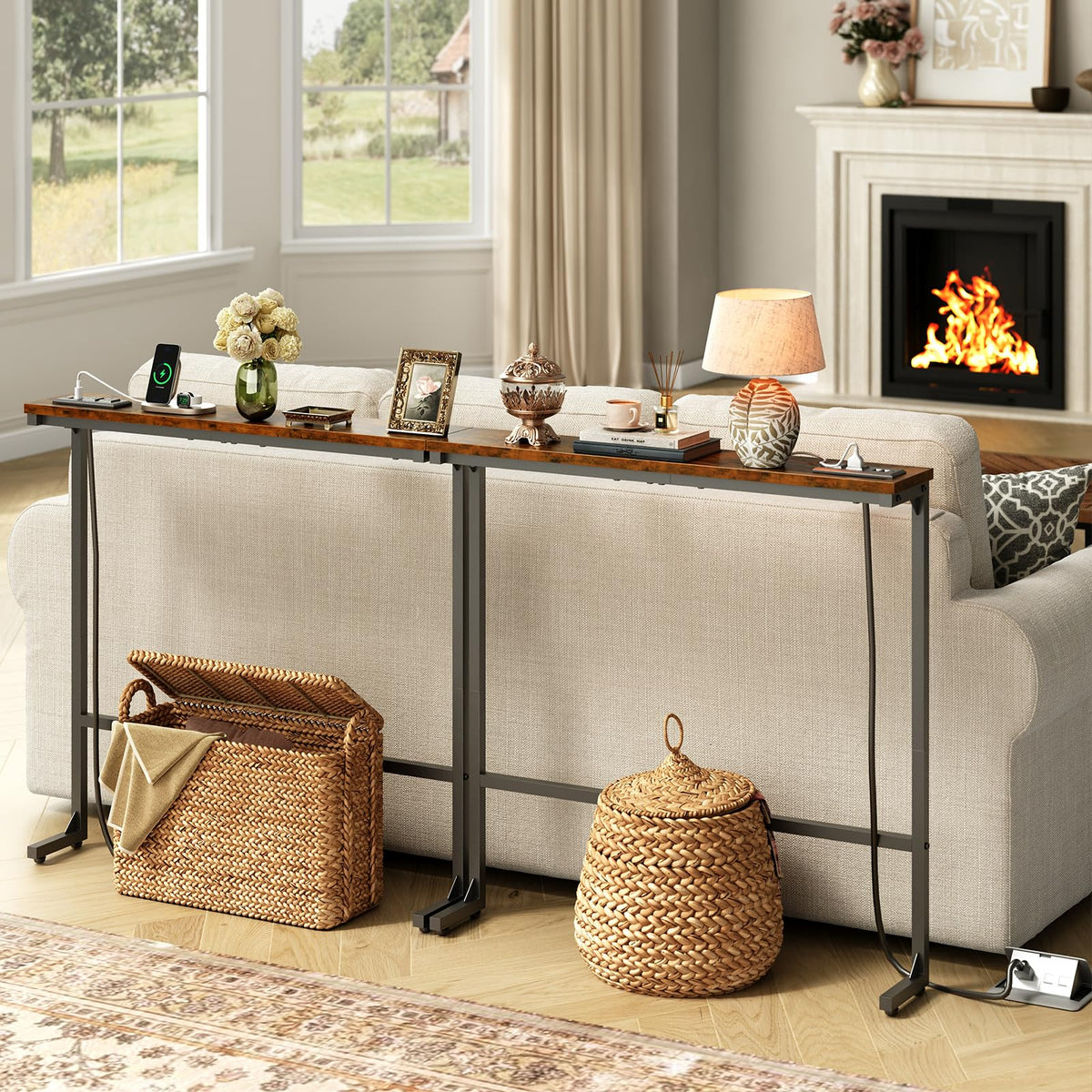 63 Inch Narrow Console Table with 2 Power Outlets O98606